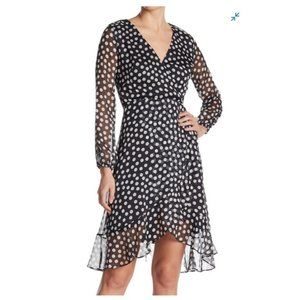 Taylor Women's Chiffon Midi Faux Wrap Dress Polka Dot High Low SZ 12